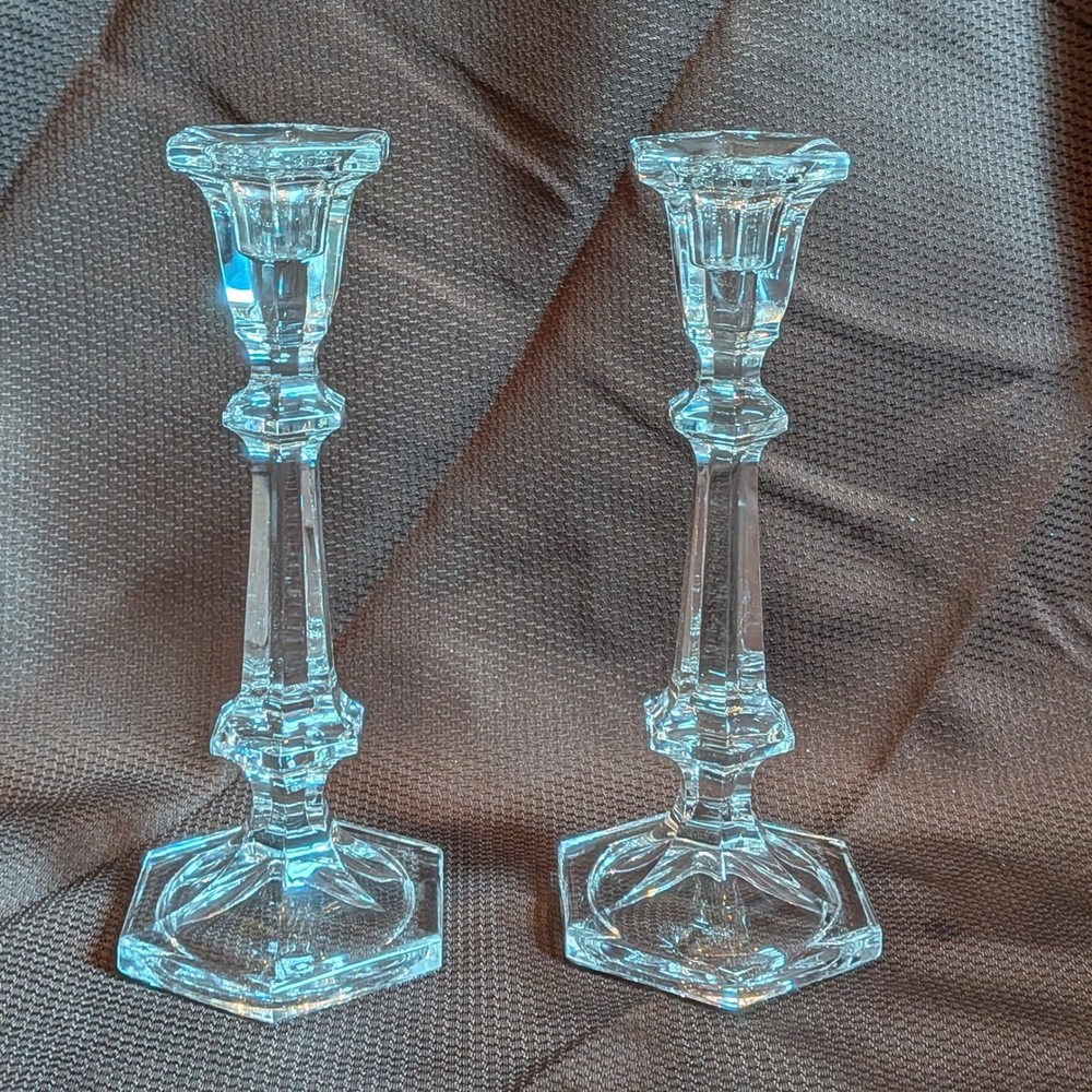 Vintage Clear Hexagonal Base Pressed Glass Taper Candlestick Holders