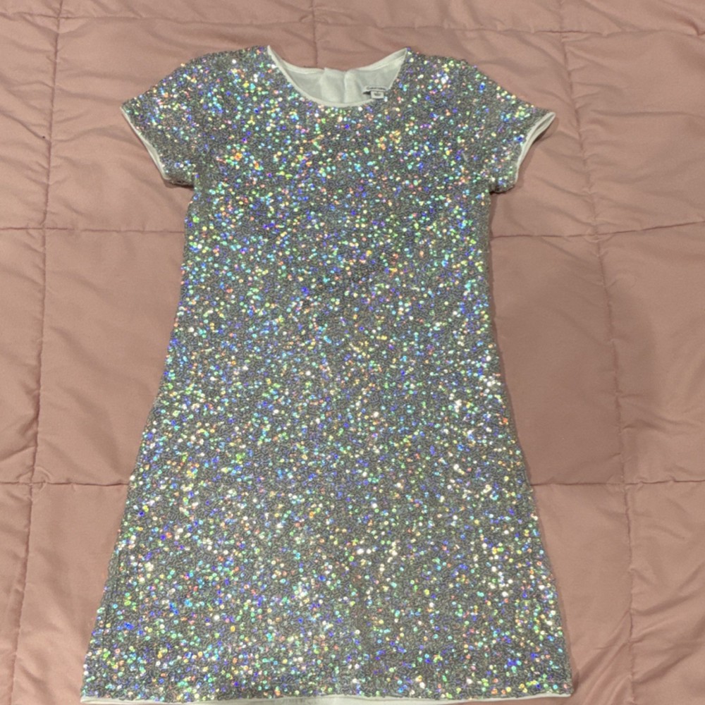 Calvin Klein Girls Silver Sequin A-Line Short Sleeve Knee Length Dress Size 7