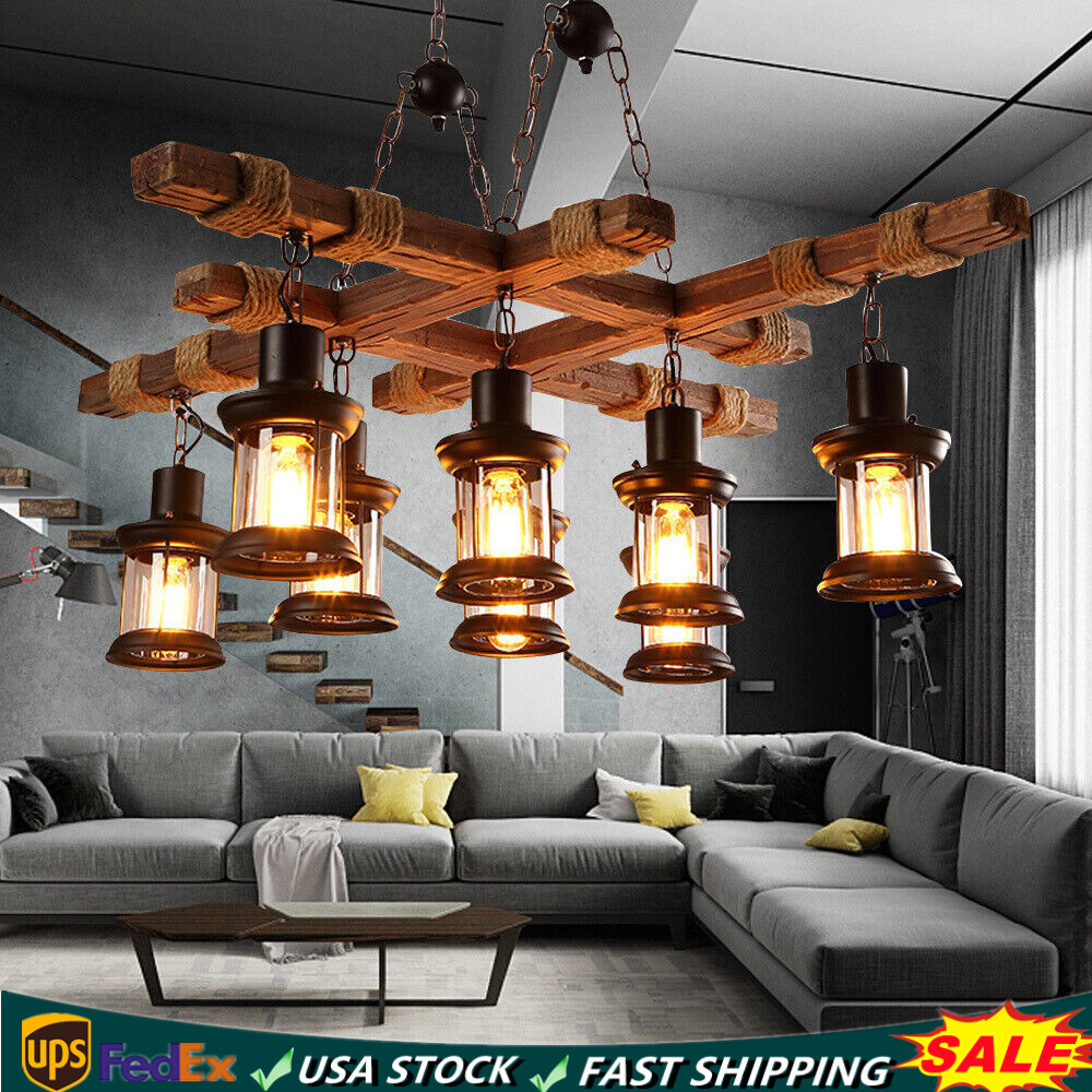 Rustic 8-Light Wooden Farmhouse Chandelier Pendant Ceiling Fixture