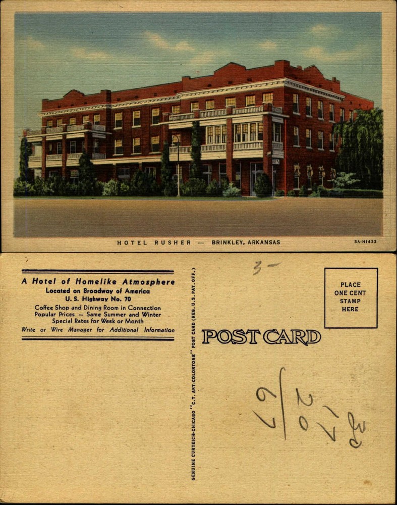 Hotel Rusher Brinkley Arkansas AR linen 1940s