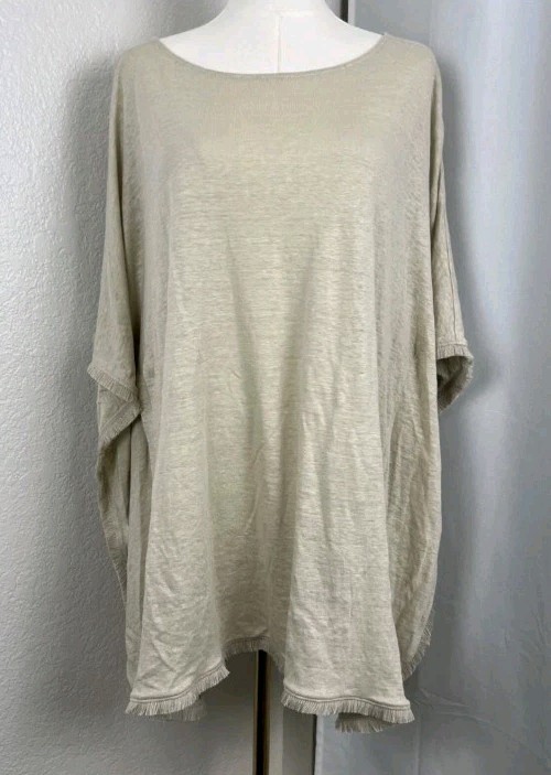 J Jill XL Poncho Cape Beige 100% Linen Frayed Hem Lagenlook Equestrian Capsule