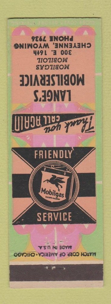 Matchbook Cover - Lange's Mobil oil gas Cheyenne WY