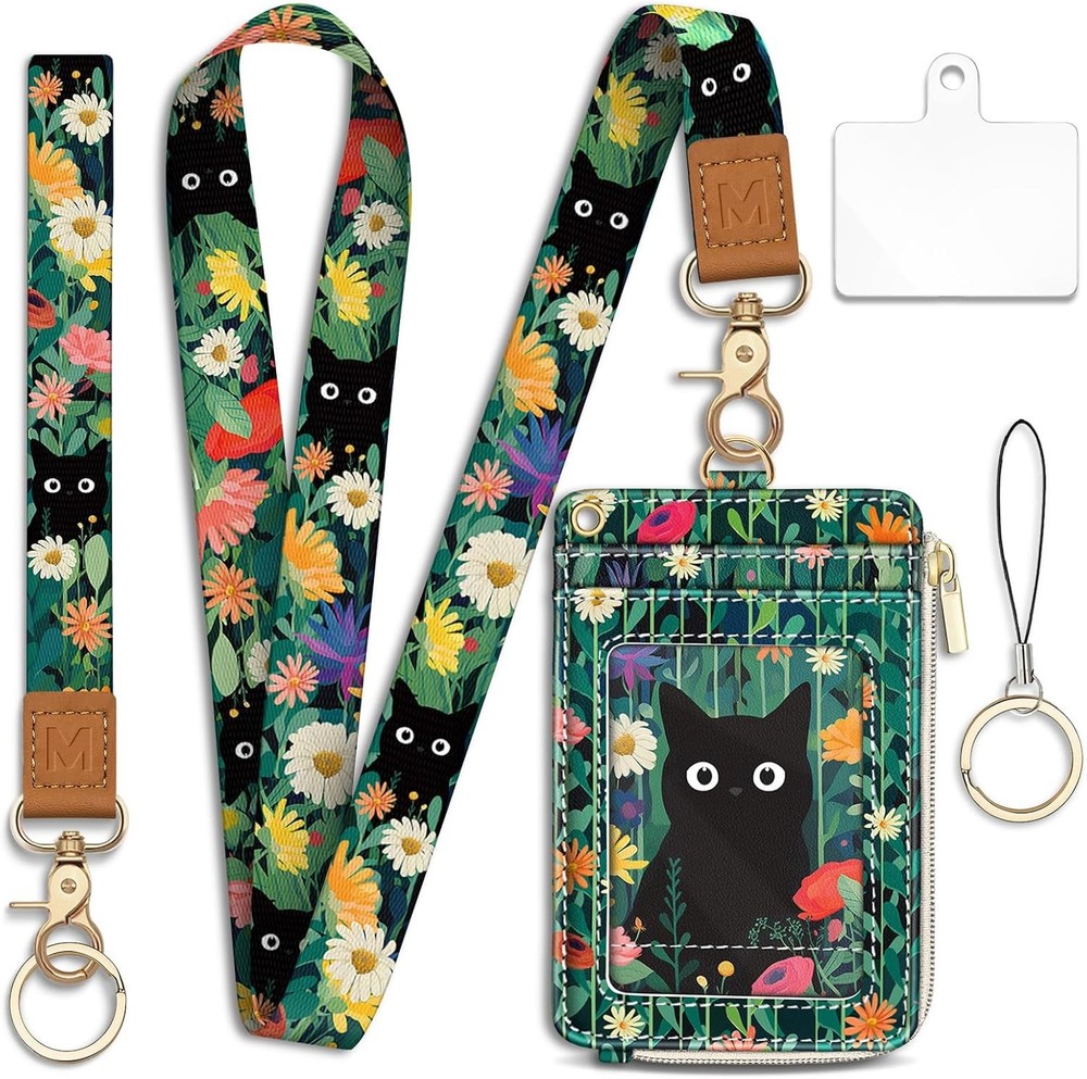 Black Cat RFID Keychain Lanyard Wallet with ID Holder for Women  