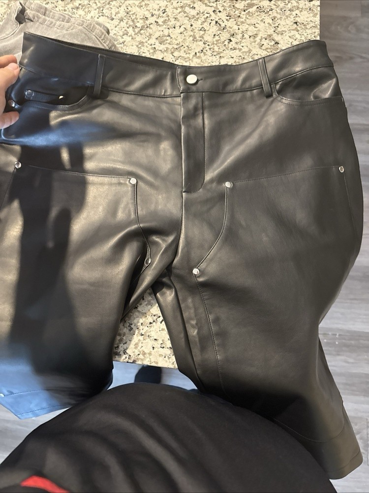 GodMotivaz Black Leather Casual Pants 5-Pocket Button Zip Solid Men's Regular