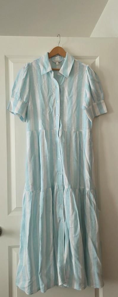 Crown & Ivy Linen Blend Maxi Dress S Blue White Cottage core Prairie Coastal