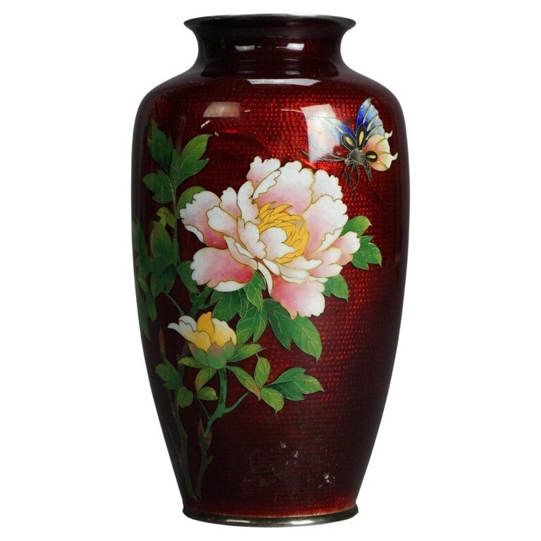 Antique Japanese Meiji Cloisonne Enameled Vase with Floral Design C1920