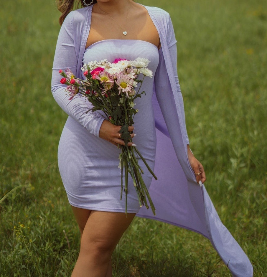 Lavender Ribbed 2 Piece Dress and Long Cardigan Set for Women, Casual, M