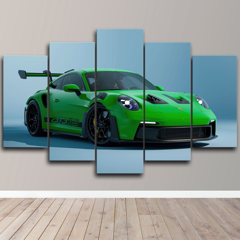 Green Porsche 911 GT3 RS Sports Race Car 5 Piece Canvas Wall Art Print Home Deco