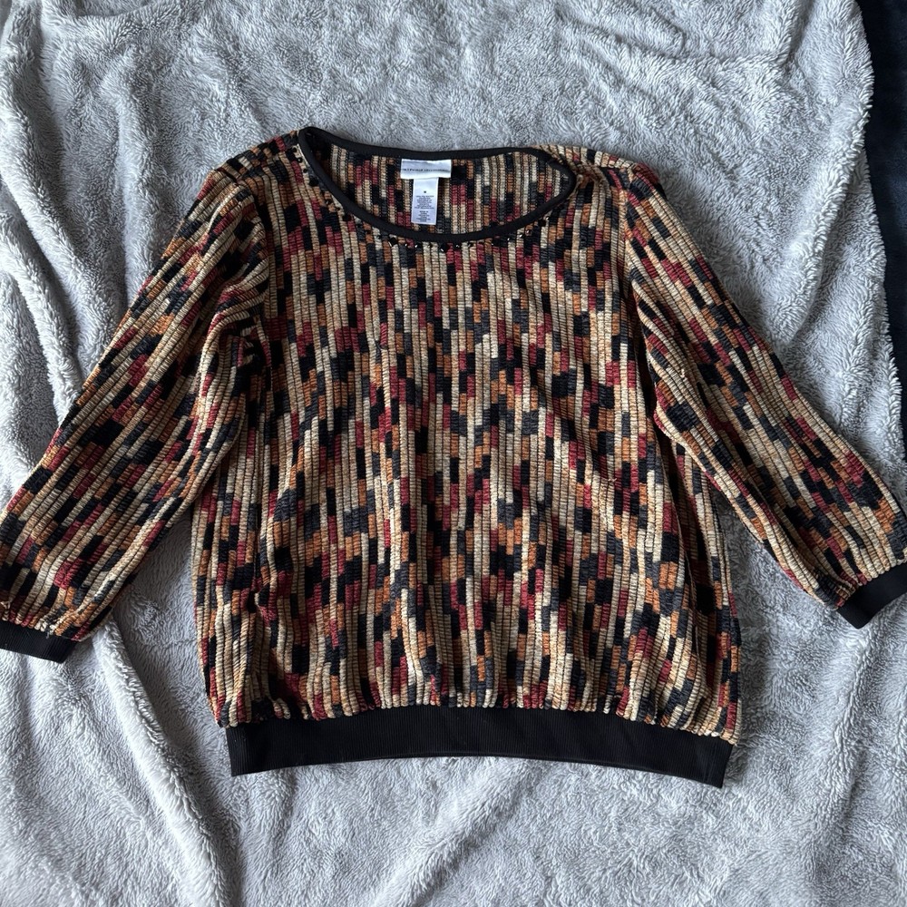 Alfred Dunner Womens Medium 3/4 Sleeve Beaded Neck Textured Knit Blouse Top