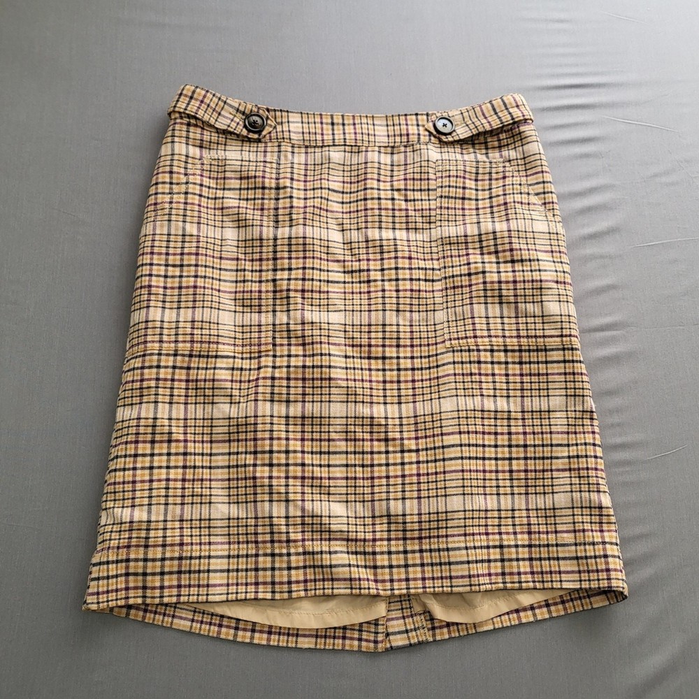 Merona Womens Size 12 Wool A-Line Knee-Length Plaid Skirt with Zip Lined Button Beige