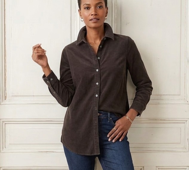 J. Jill Size L Petite Corduroy Blouse Tunic Button Up Shacket Brown 100% Cotton