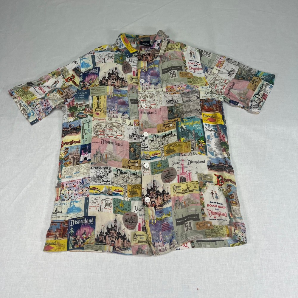 Disney 100 Disneyland Collage Shirt Mens Medium Button Up Parks Ephemera Print
