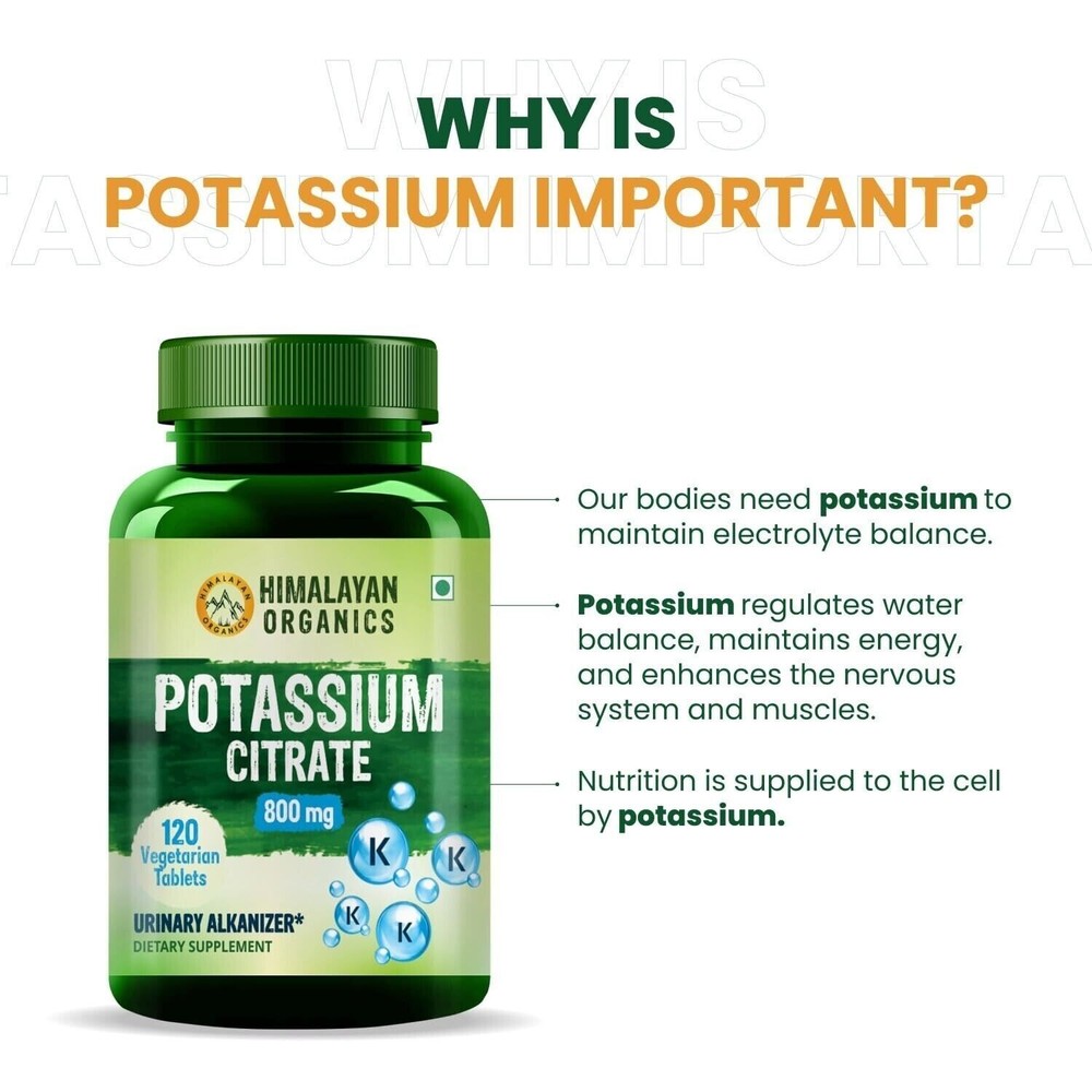 Himalayan Organics 800mg Potassium Citrate Supplement for Muscle & Joint Support - 120 Vegan Tablets