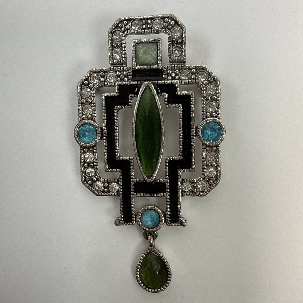 Vintage Art Deco Style Silver Tone Blue & Clear Stone Brooch/Pin