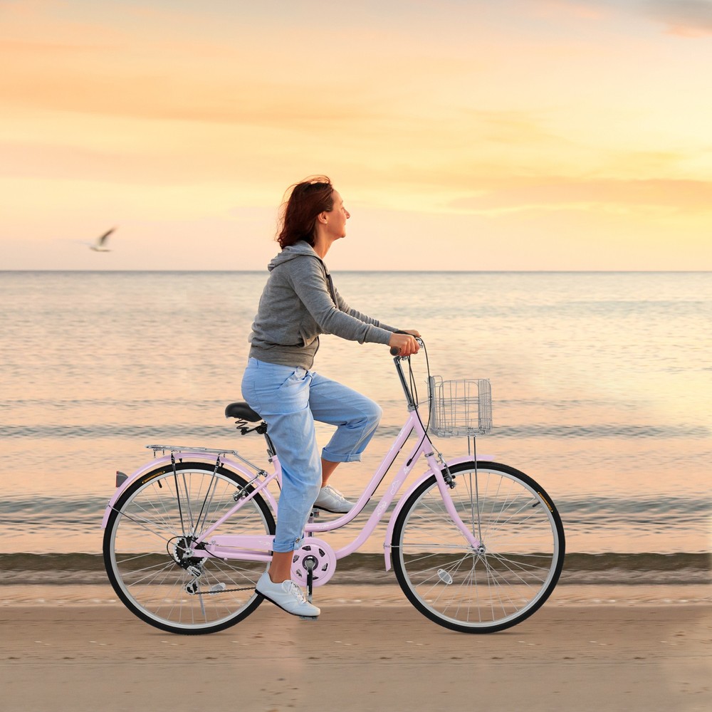 26-Inch Women's Retro Beach Cruiser Bicycle with 7-Speed High Carbon Steel Frame