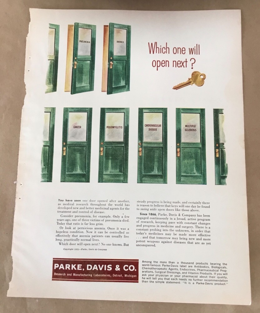 Parke Davis & Co vintage print ad 1952 art retro home decor 1950s pharma locks