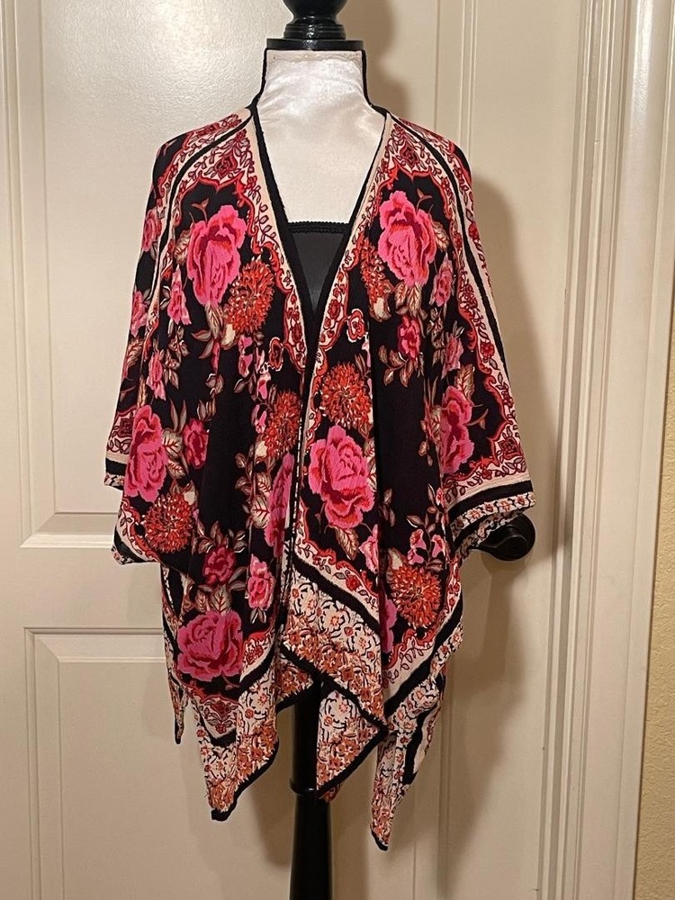 En Creme Womens Black Multicolor Open front Kimono Size Medium