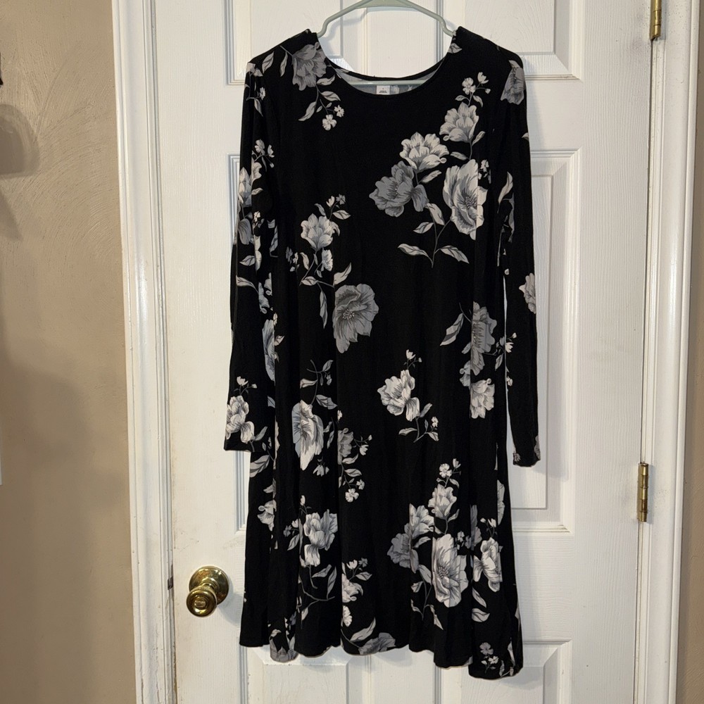 Old Navy Long Sleeve Floral Knit Swing Dress Women Size Large Black Stretch