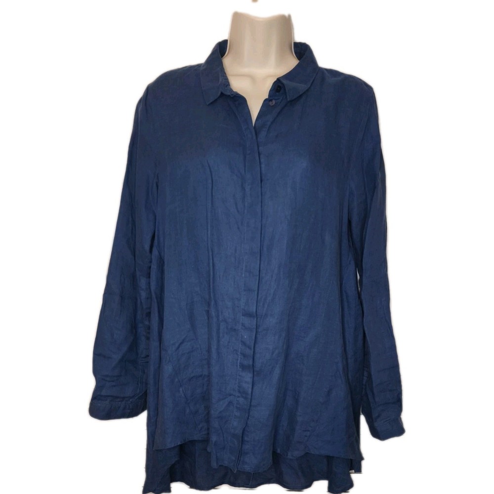 Eileen Fisher Linen Gauze Tunic Top Blue Sheer Button Front Lagenlook S