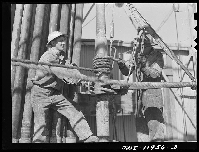 Andrews County Texas 1942 Oil Rig Workers Attaching Drill Bit to Drill Pipe