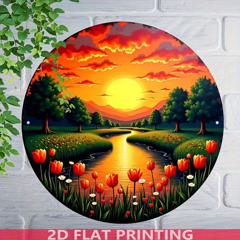 Vintage Sunset River View Round Metal Wall Art Rustic Country