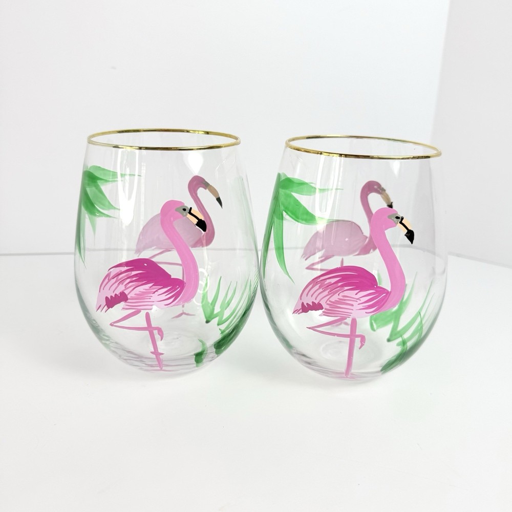 Flamingo Coastal Wine Glass Hand Painted Stemless Handblown Goblet Set Gold Rim