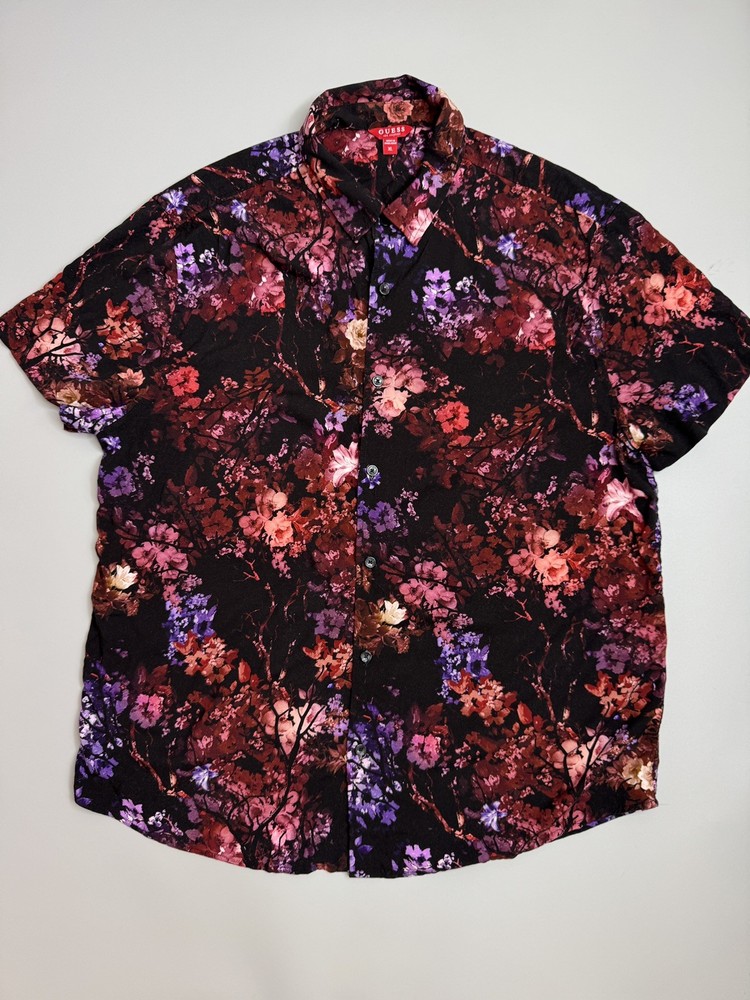 Guess Men's Short-Sleeve Floral Button-Down Shirt in Black, Red & Purple