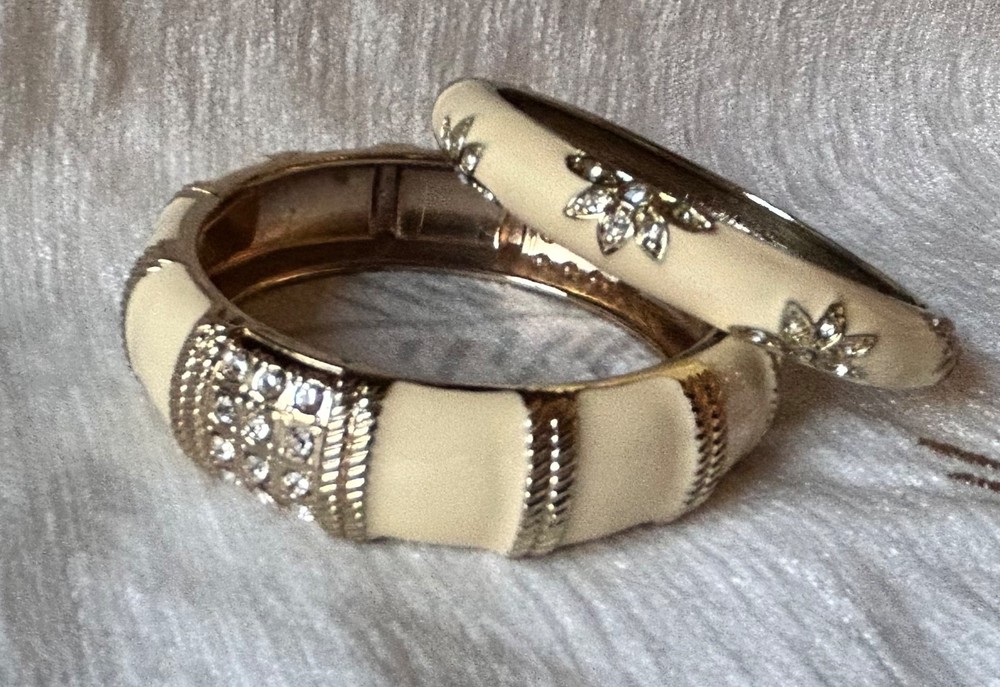 lot of 2 gold tone cream+rhinestone hinged bangle bracelets