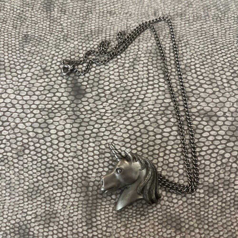 Vintage Mythical Unicorn Head Pewter Pendant Necklace Silver Tone W/chain 18”