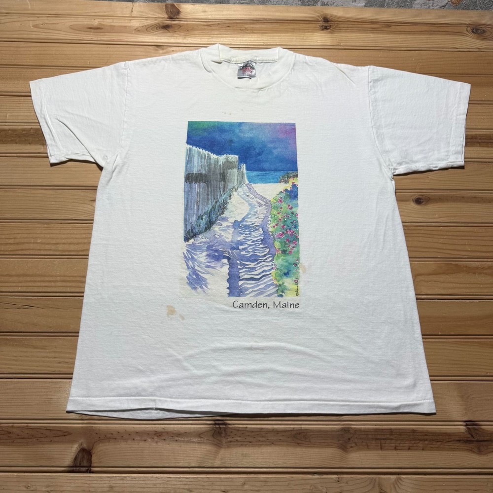 Vintage 90s Camden Maine Watercolor Art Beach Path Graphic T-Shirt USA - Large