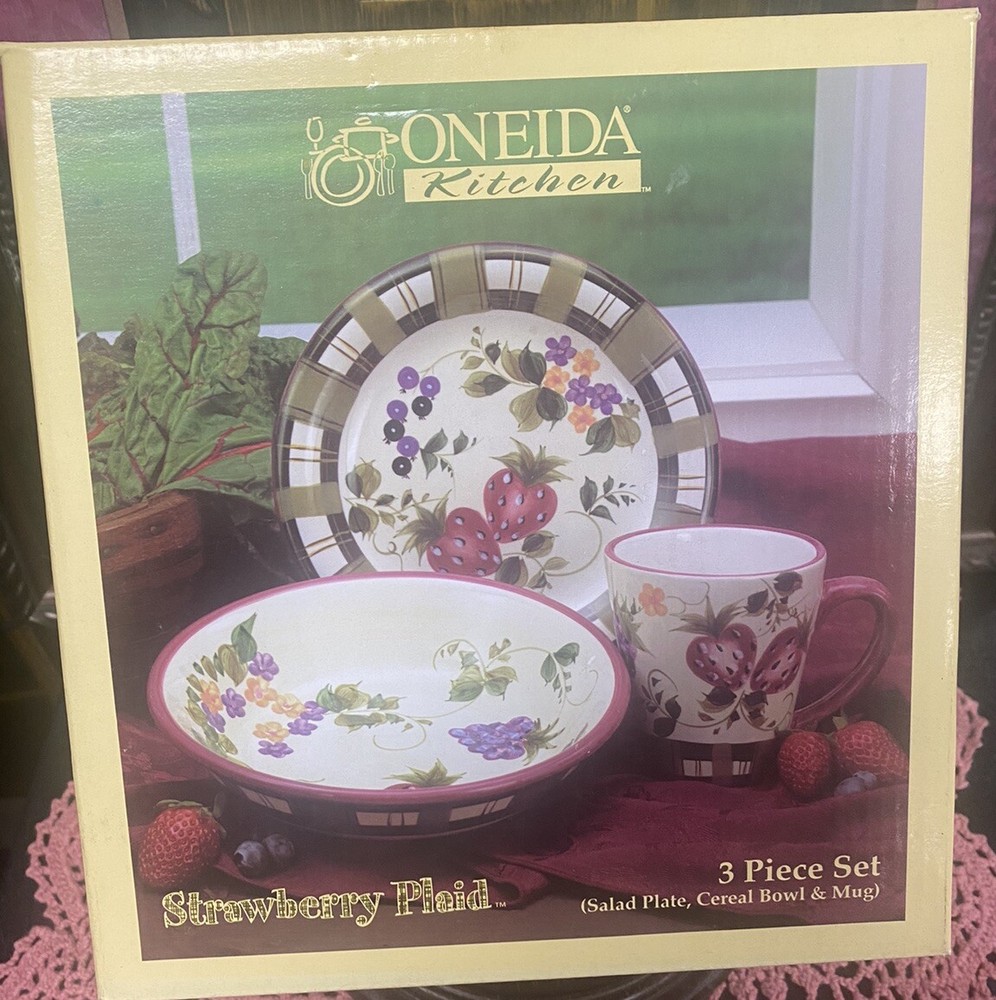 Oneida STRAWBERRY PLAID fruit 3 piece set SALAD PLATE CEREAL BOWL COFFEE MUG CUP