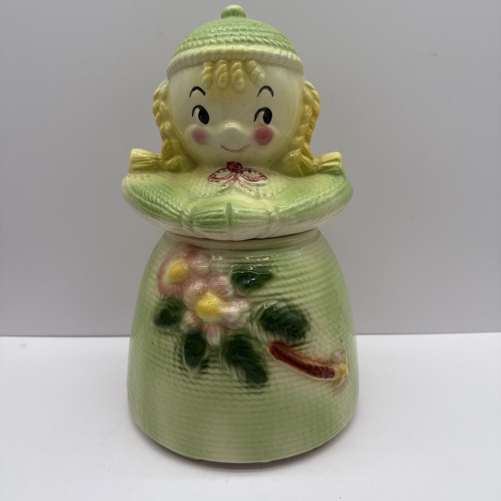 Vintage American Bisque cookie jar 40s 50s girl with yarn hair Green Granny Core