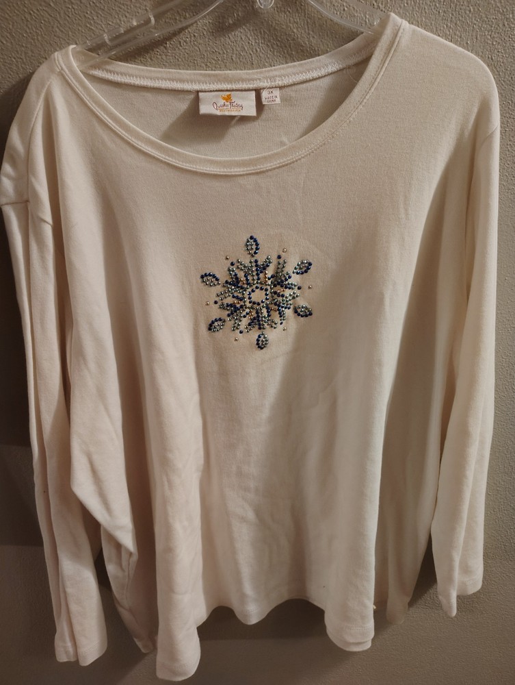 Quacker Factory Long Sleeve Shirt L White Blue Embellished Snowflake Top Snow