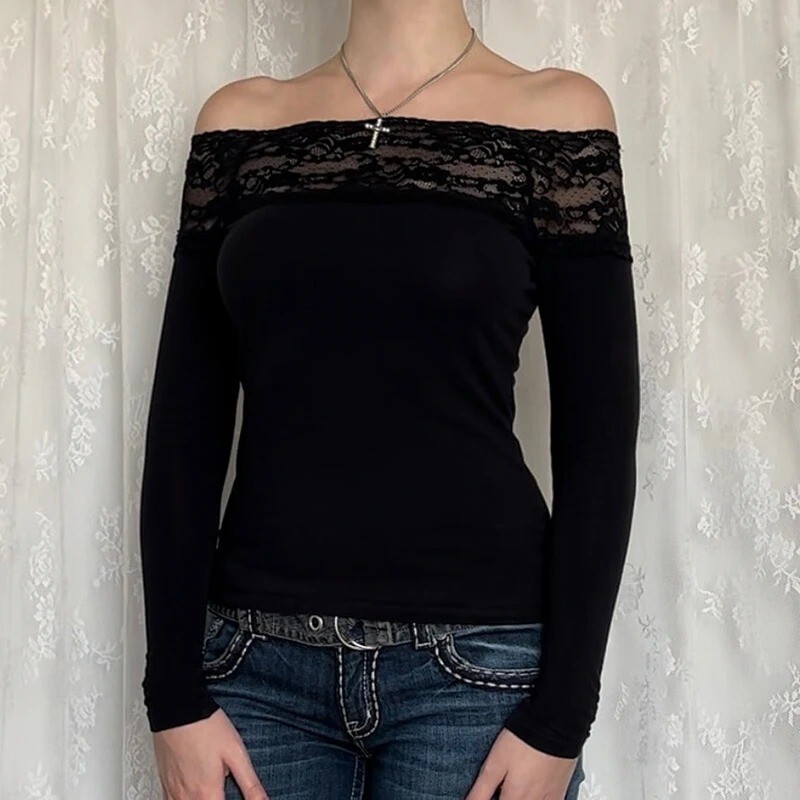 Y2k Lace Stitched Slash Neck Women Long Sleeve Off Shoulder Vintage crop Top 90s