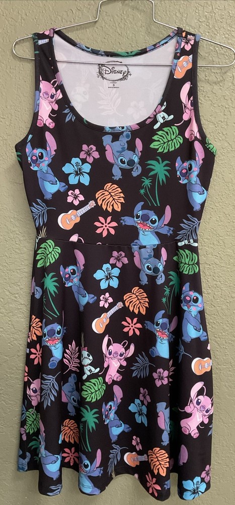 Disney Lilo Stitch Black Colorful Hawaiian Floral Dress Womens Size S Fit Flare