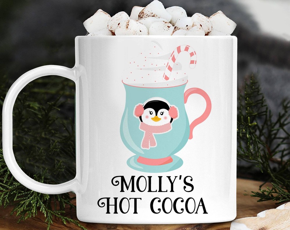 Kids Personalizedhot Cocoa Mug With Name Dishwasher Safe Christmas Penguin