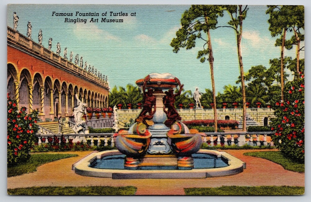 Sarasota Florida~Ringling Art Museum~Fountain Of Turtles~Statues~Linen Postcard