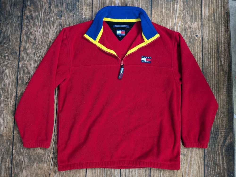 Vintage Tommy Hilfiger Red Fleece 1/4 Zip Sweater Jacket Size S