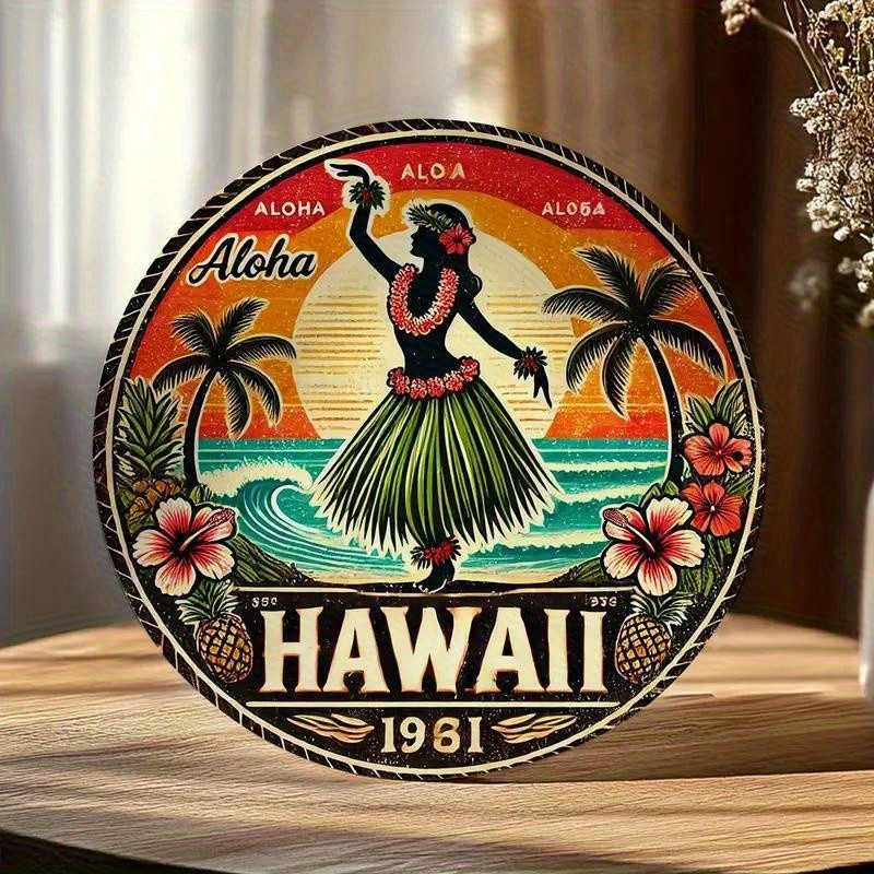 8 Inch Vintage Hawaiian Style Foil Design Round Aluminum Wall Art