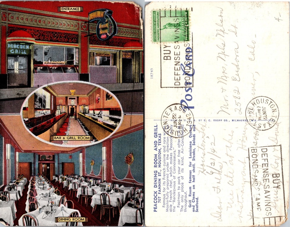 Peacock Dining Room Grill Houston Texas Postcard
