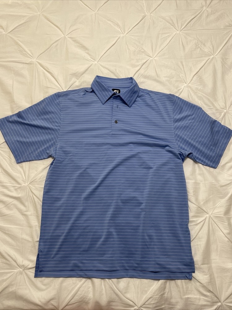 FootJoy Men's Size Medium Light Blue White Stripes Polo Golf Shirt, M Logo