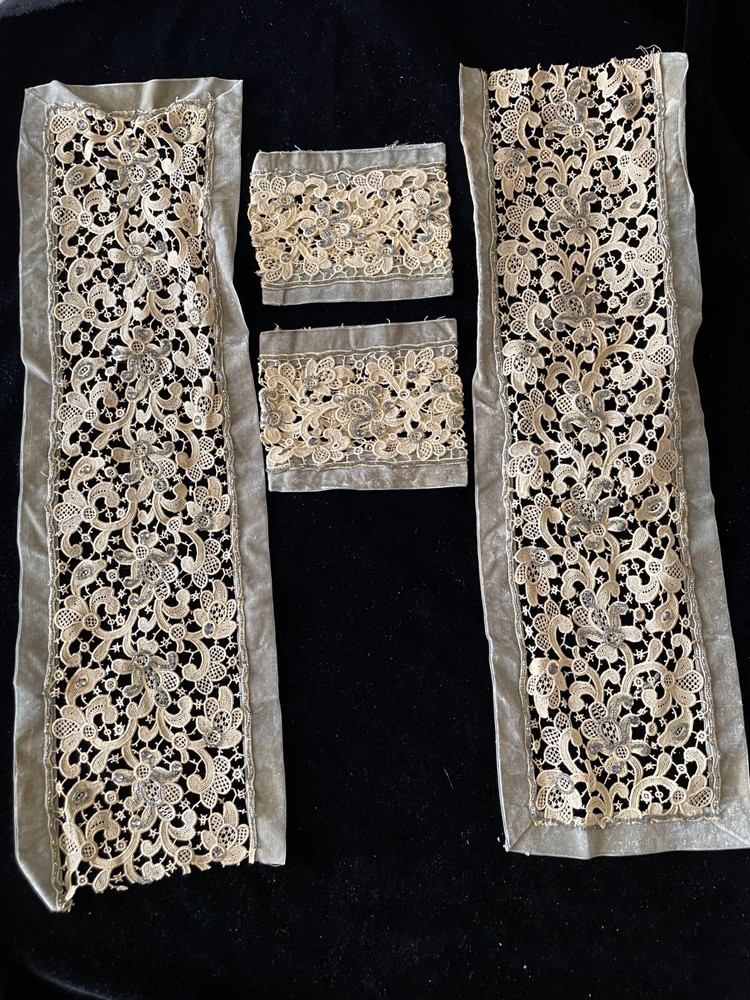 Exceptional Antique French Edwardian Silk Velvet Beaded Lace Dress Panels Cuffs