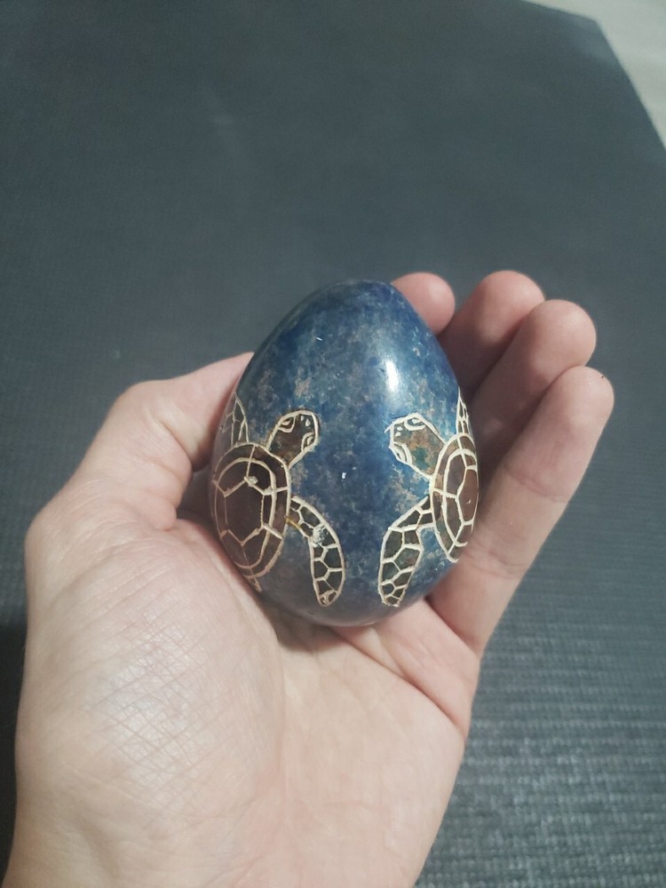 Stone Egg Carved Sea Turtle Design Gemstone Blue Jasper Carving Island Tribal