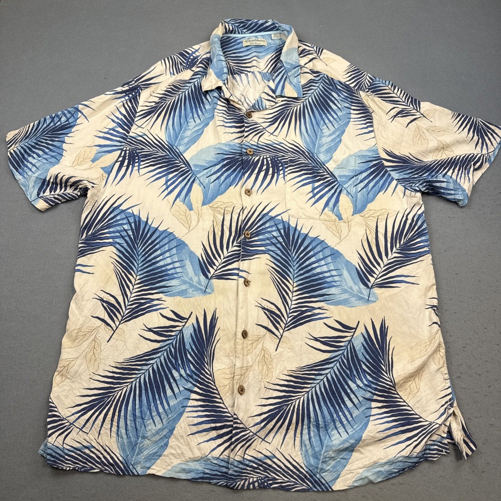 Caribbean Men’s 3XT Silk Cotton Hawaiian Shirt BLUE FLORA Short Sleeve Button Up