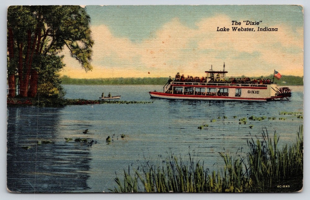 Lake Webster Indiana~Dixie Paddlewheeler Ship~USA Flag~Linen 1940s Postcard