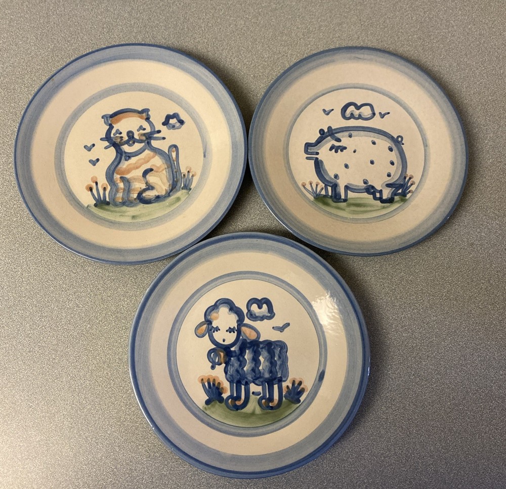 M. A. Hadley Pottery Side/ Dessert Plates 7.5” S/4 Cat, Pig, Lamb, Vintage!