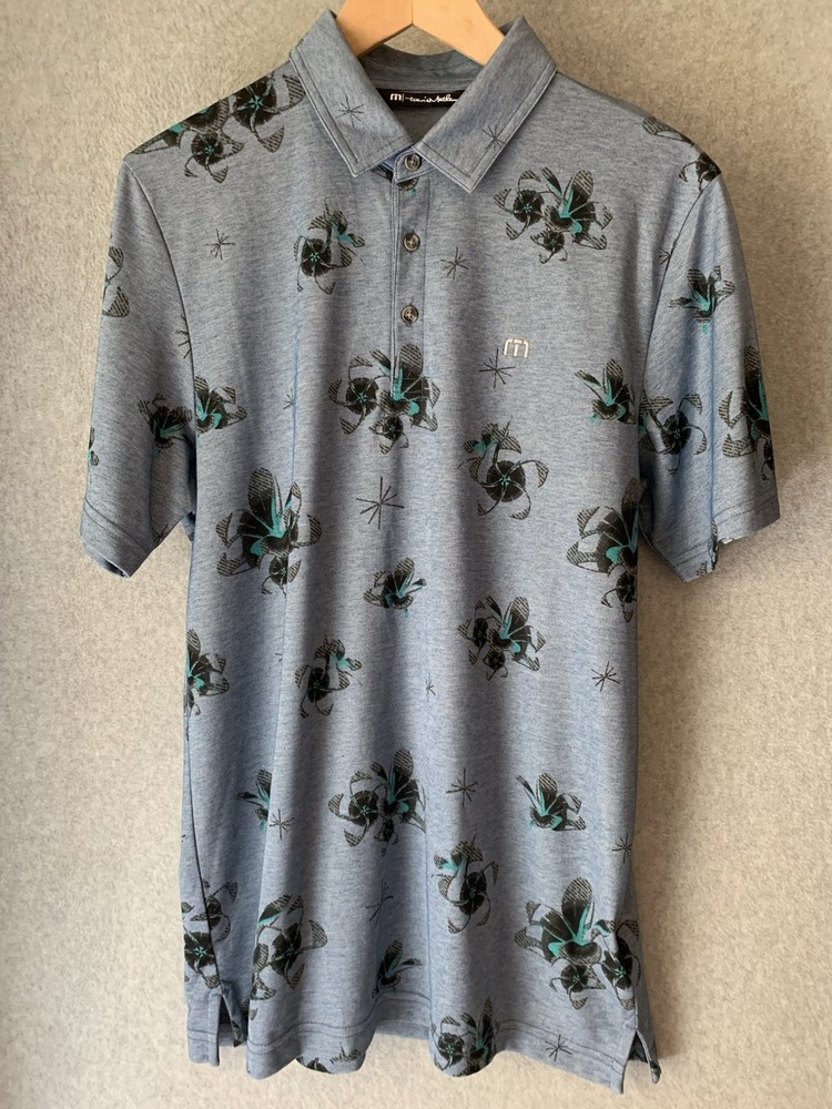 Travis Mathew Mens Polo Shirt Blue Floral sz M Golf Hawaiian Lightweight