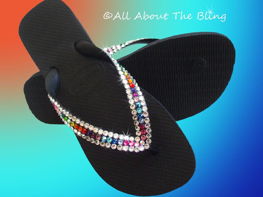 Crystal black flip flops Custom hand jeweled with Swarovski Crystals