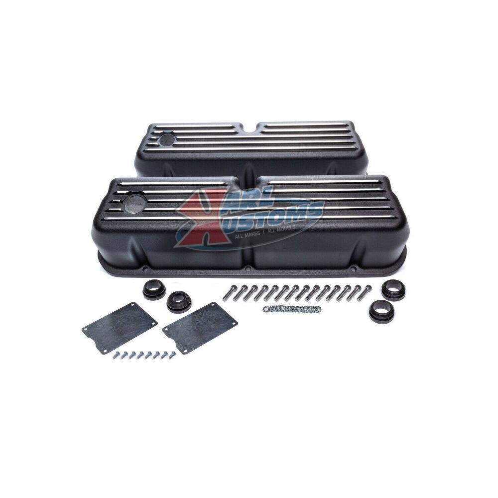 Small Block Ford SBF 289 302 Tall Style Retro Finned Black Aluminum Valve Covers