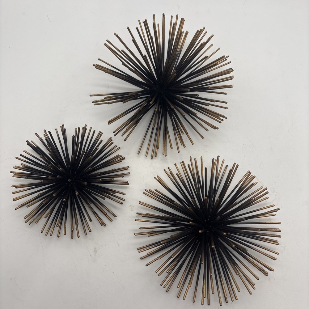 Set of 3 MCM Style Gold/Black Atomic Metal Starburst Sea Urchin Wall Hang Decor